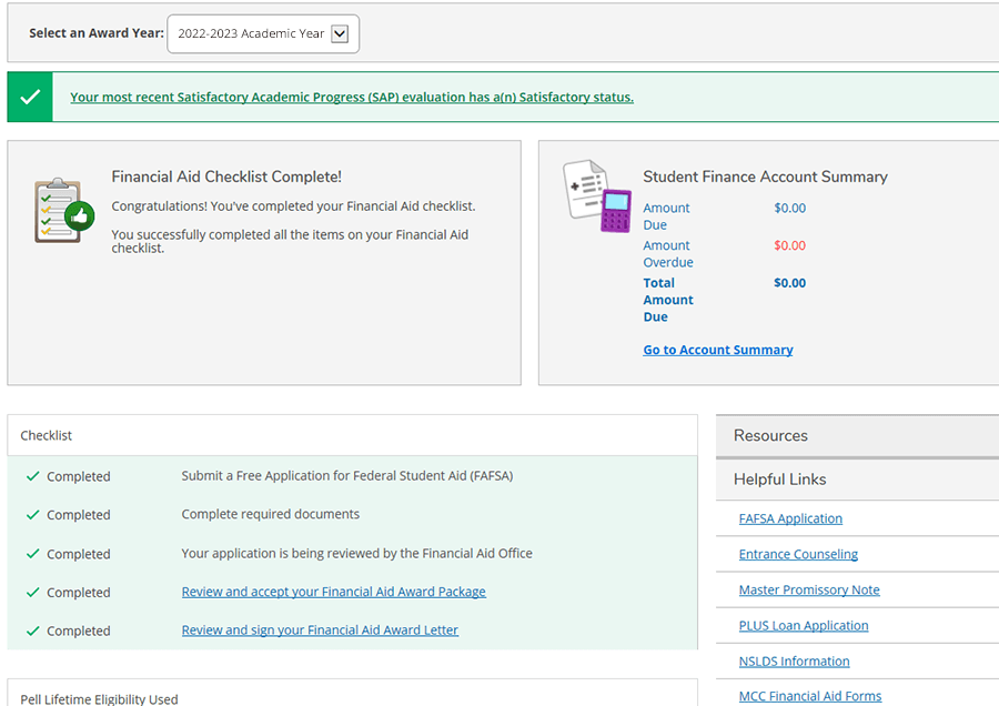 Choose your award year using the “Select an Award Year” dropdown. Your financial aid checklist will be shown alongside your student finance account summary. 