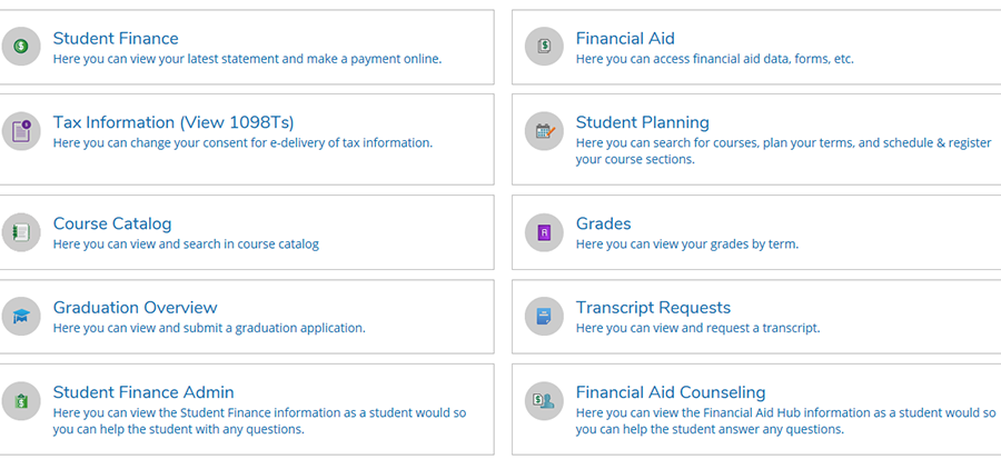 Self Service - choose a category to get started; left column: Student Finance, Tax Information, Course Catalog, Graduation Overview, Student Finance Admin; right column: Financial Aid, Student Planning, Grades, Transcript Requests, Financial Aid Counseling