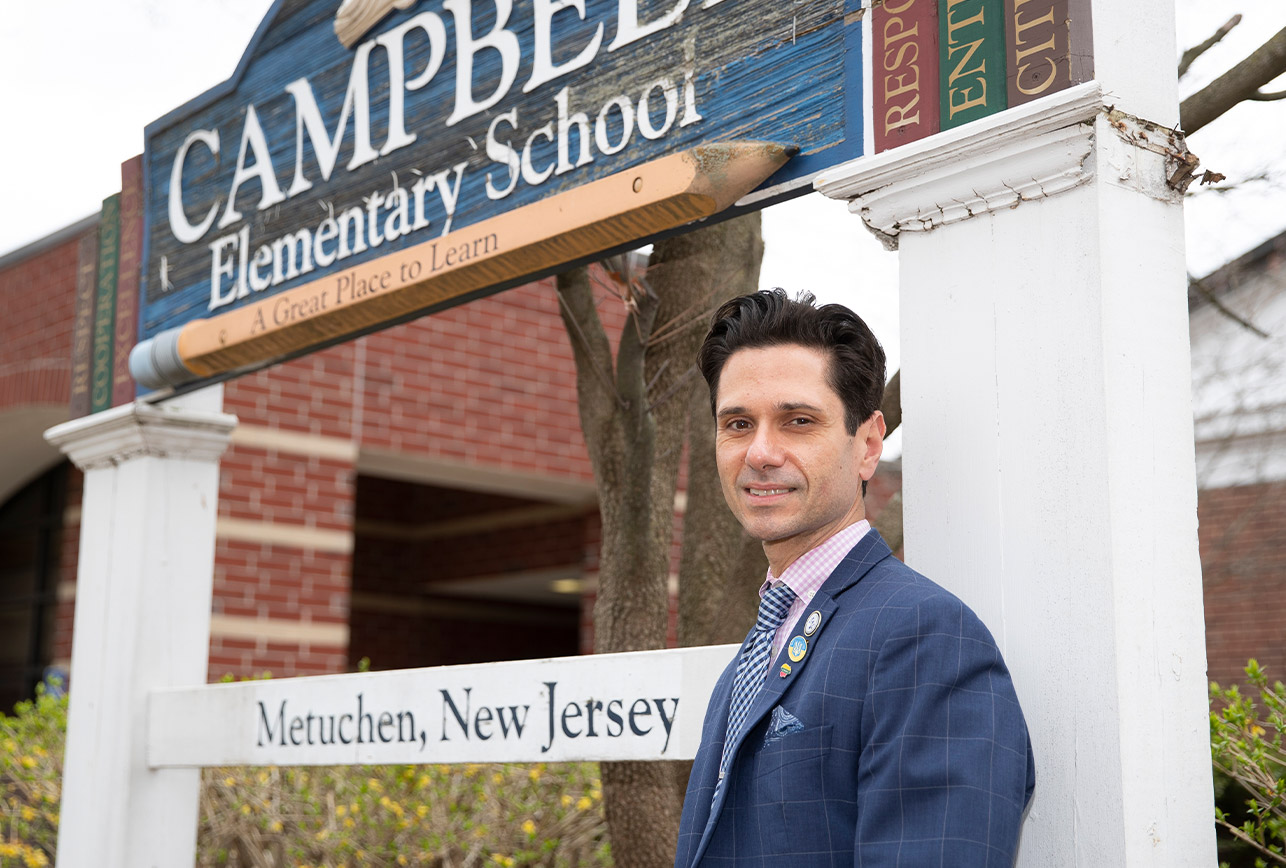 Vincent photographed in front of Campbell Elementary School in Metuchen, New Jersey.